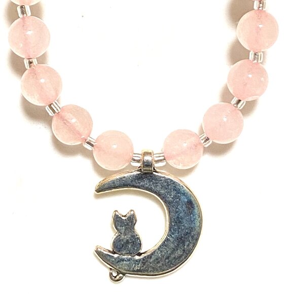 Pink Genuine Gemstone Rose Quartz Silver Cat on the Moon Beaded Short Necklace - Picture 4 of 11
